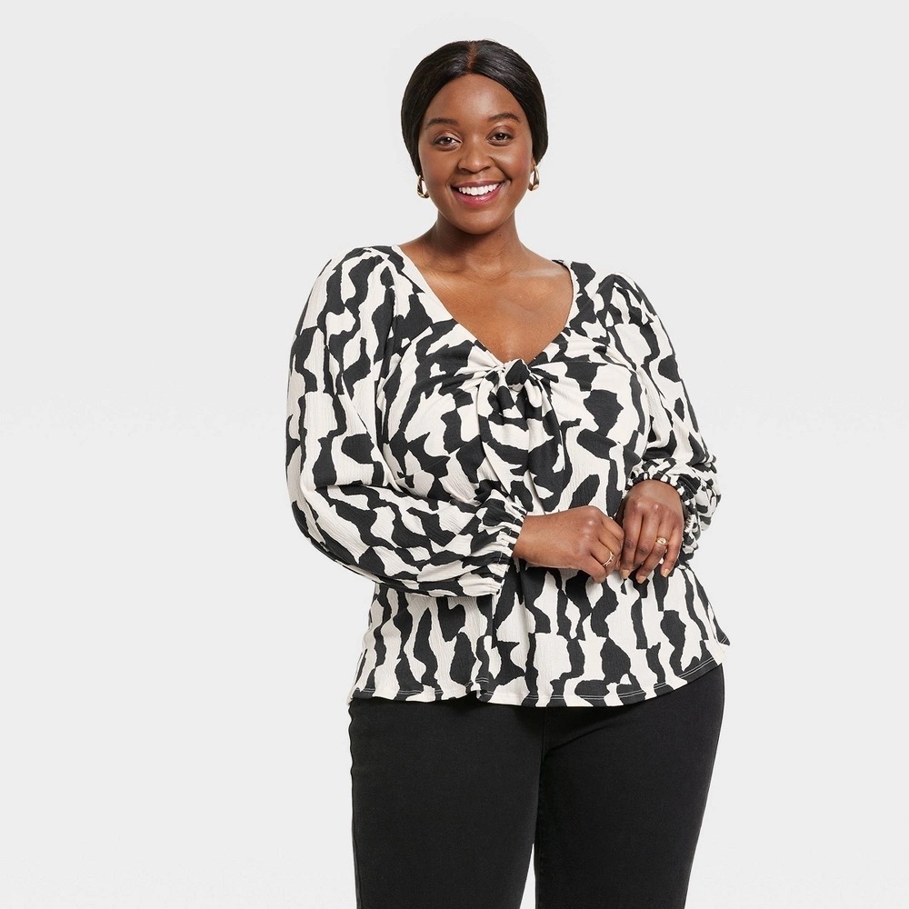 Ava & Viv Long Sleeve Tie-Front Jersey Top Black 3X